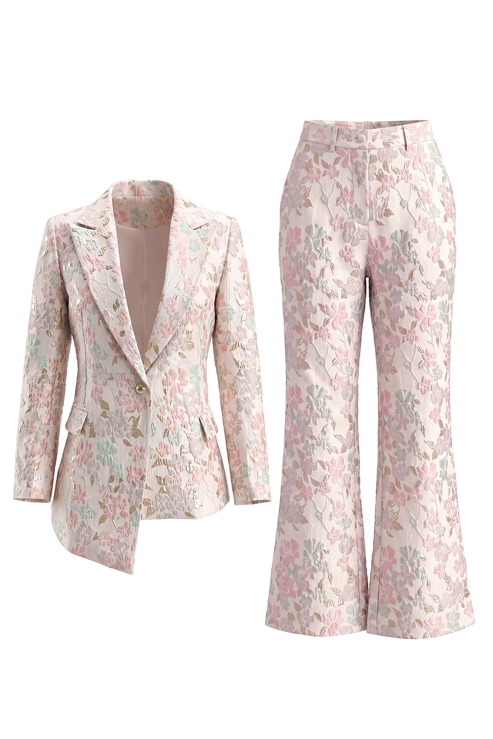 Floral 2 Piece Champagne Pink Peak Lapel Double Breasted Prom Suits