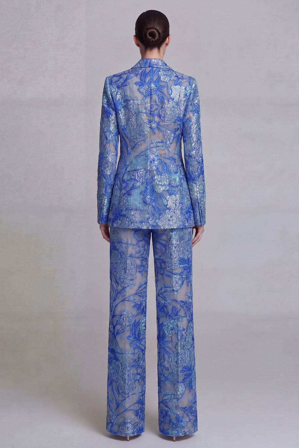 Dark Blue 2 Piece Floral Notched Lapel Wide Leg Lace Party Suits