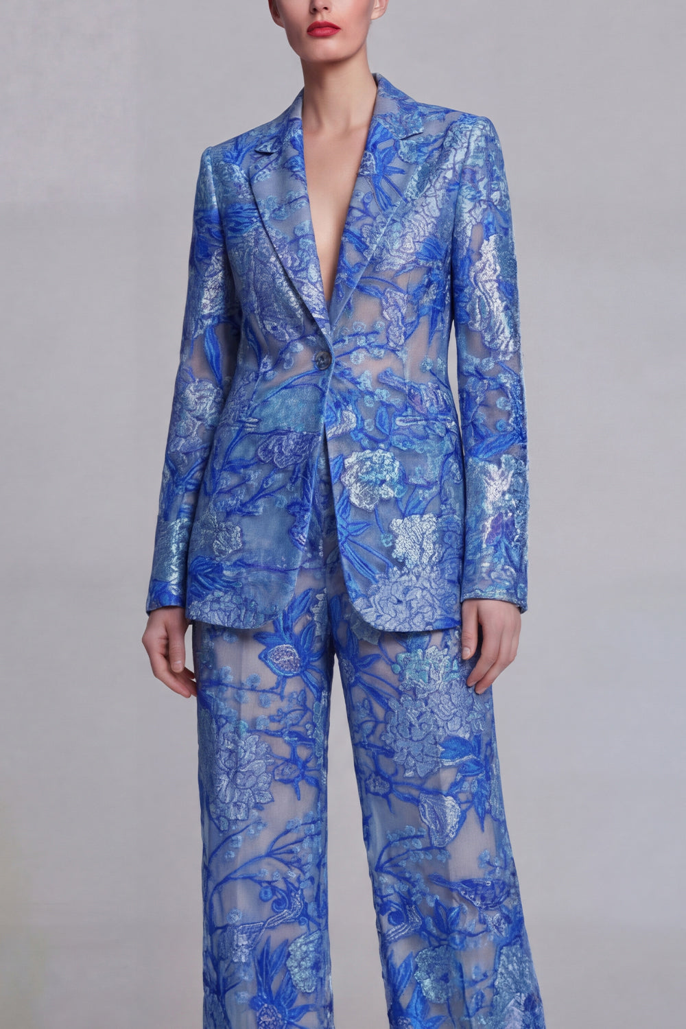 Dark Blue 2 Piece Floral Notched Lapel Wide Leg Lace Party Suits