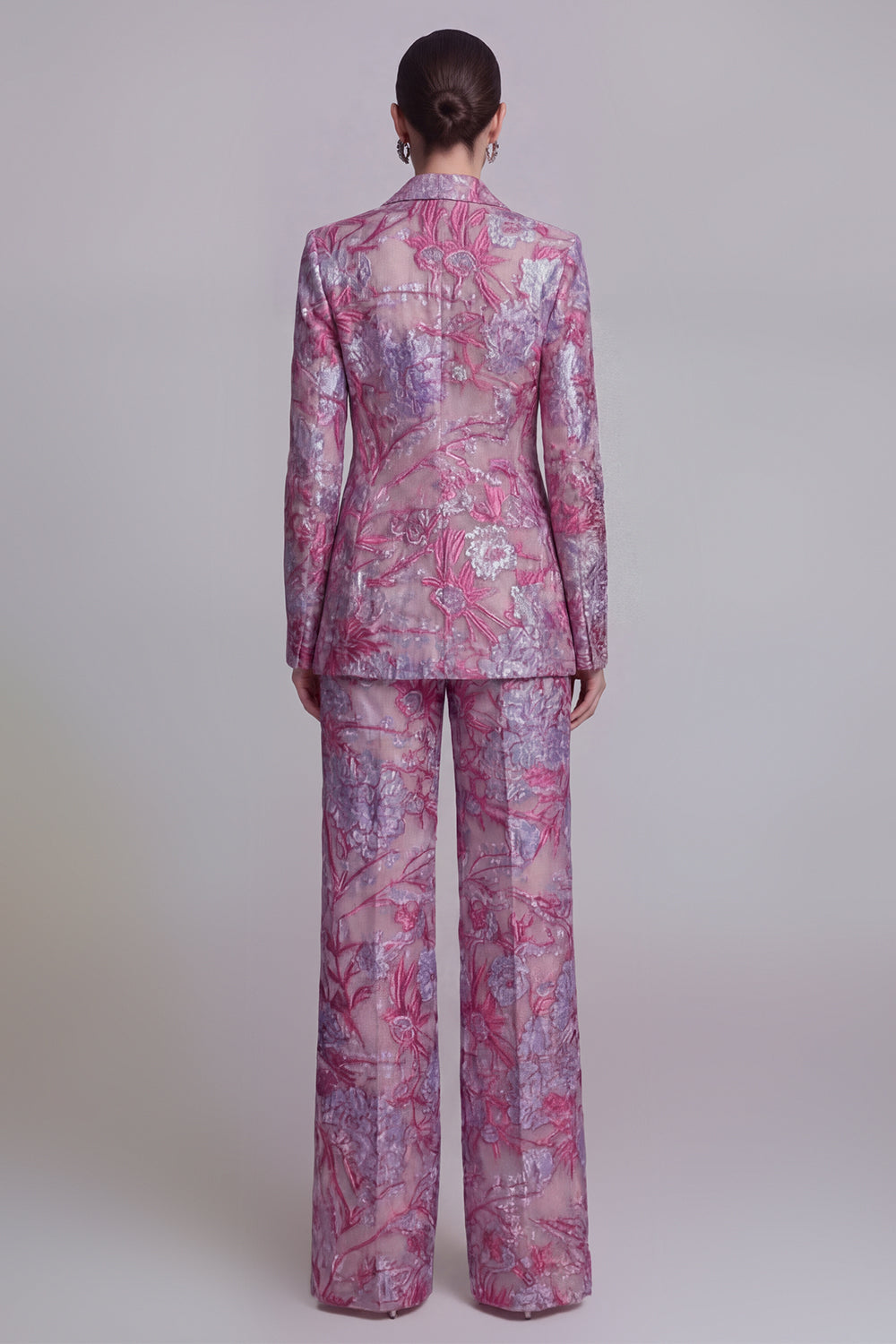 Dark Blue 2 Piece Floral Notched Lapel Wide Leg Lace Party Suits