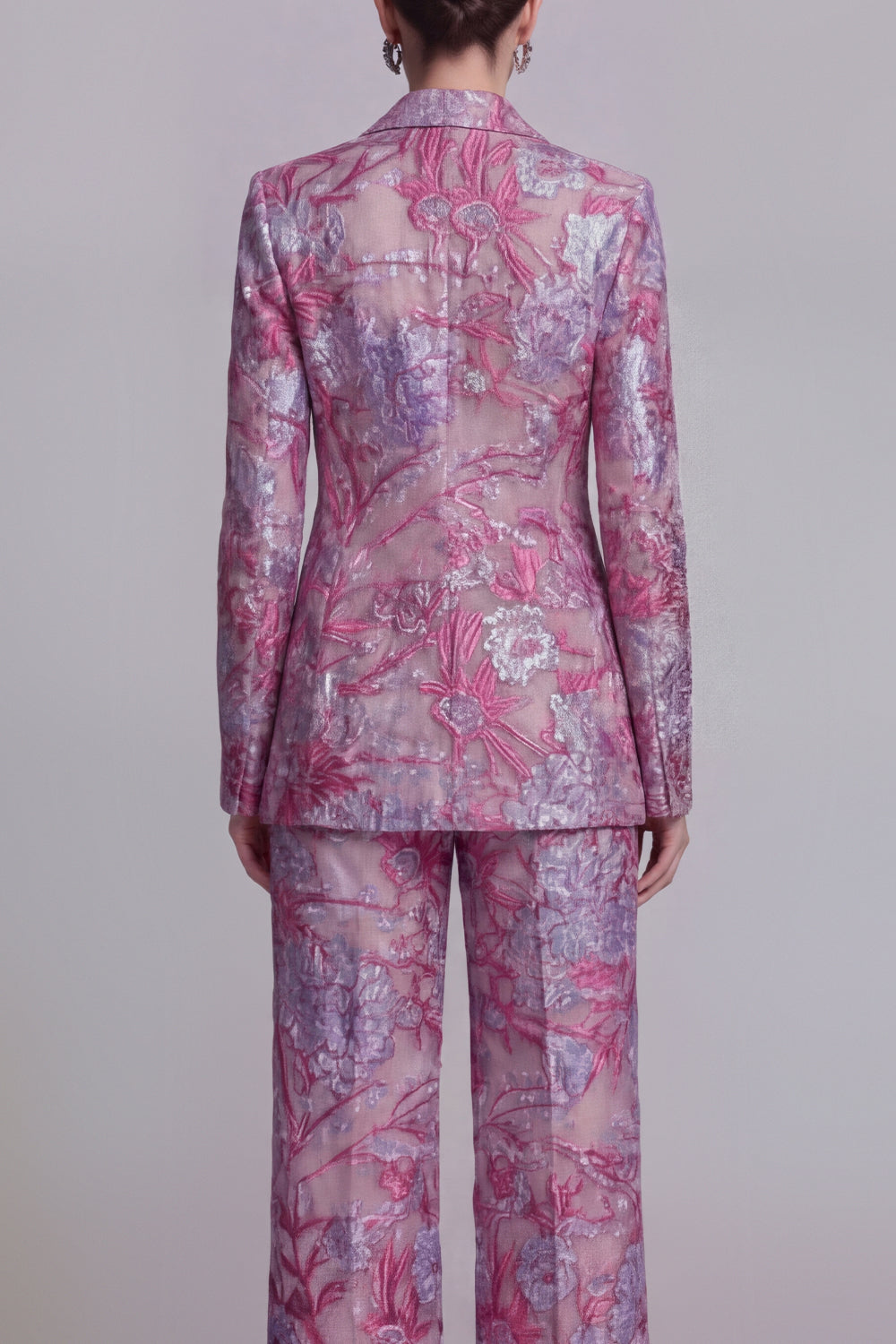 Dark Blue 2 Piece Floral Notched Lapel Wide Leg Lace Party Suits