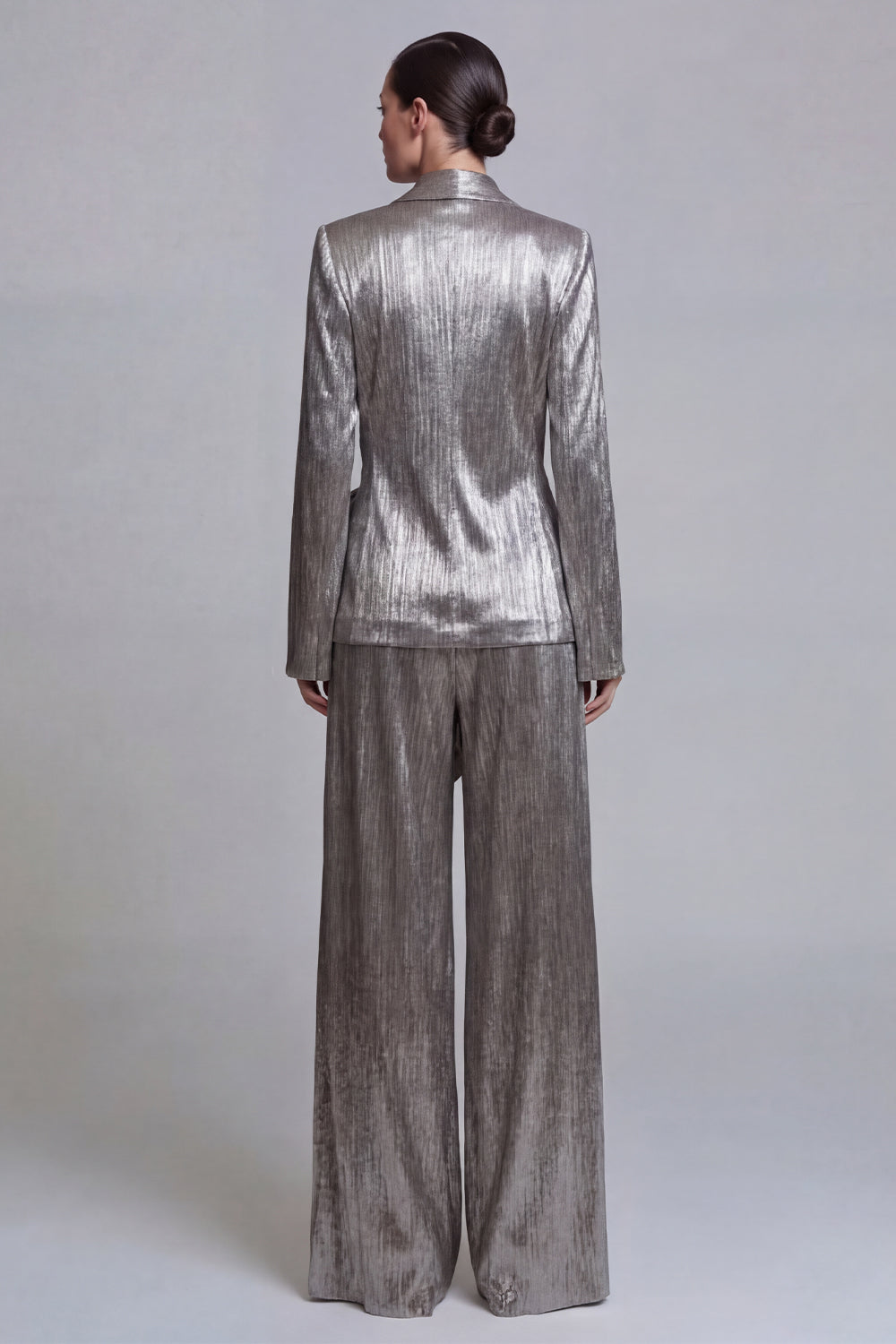 2 Piece Grey Metallic Shawl Lapel Wide Leg Party Suits with Bow