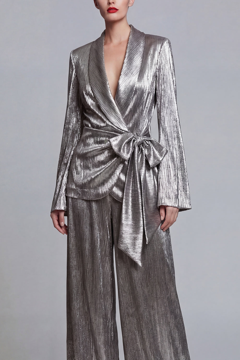 2 Piece Grey Metallic Shawl Lapel Wide Leg Party Suits with Bow