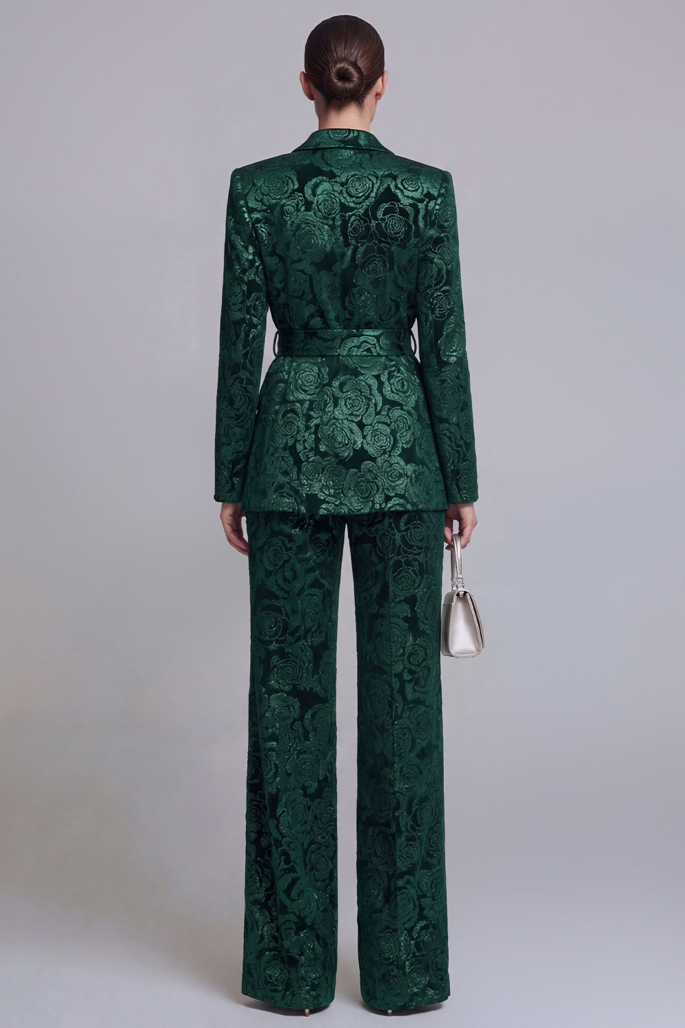 Dark Green 2 Piece Floral Notched Lapel Wide Leg Party Suits with Sash