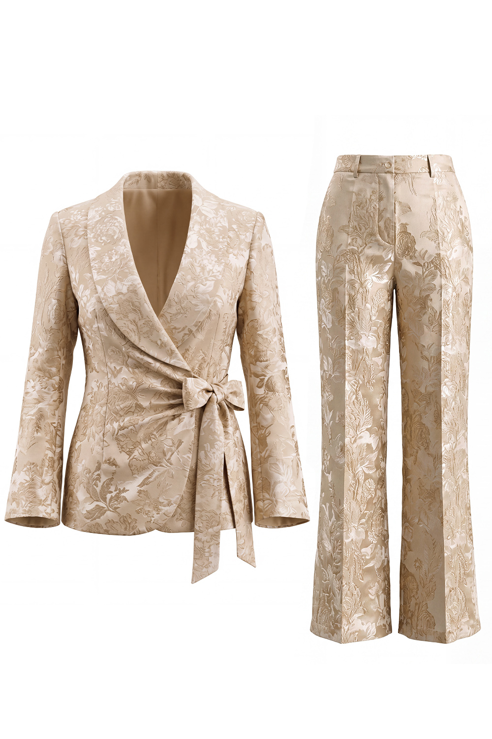 Shawl Lapel 2 Piece Floral Champagne Long Sleeve Party Suits with Bow
