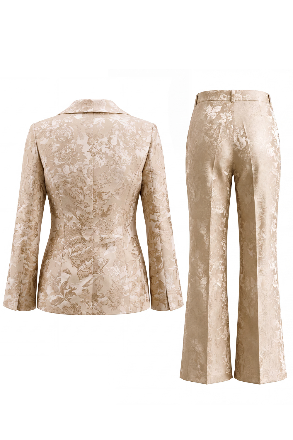 Shawl Lapel 2 Piece Floral Champagne Long Sleeve Party Suits with Bow
