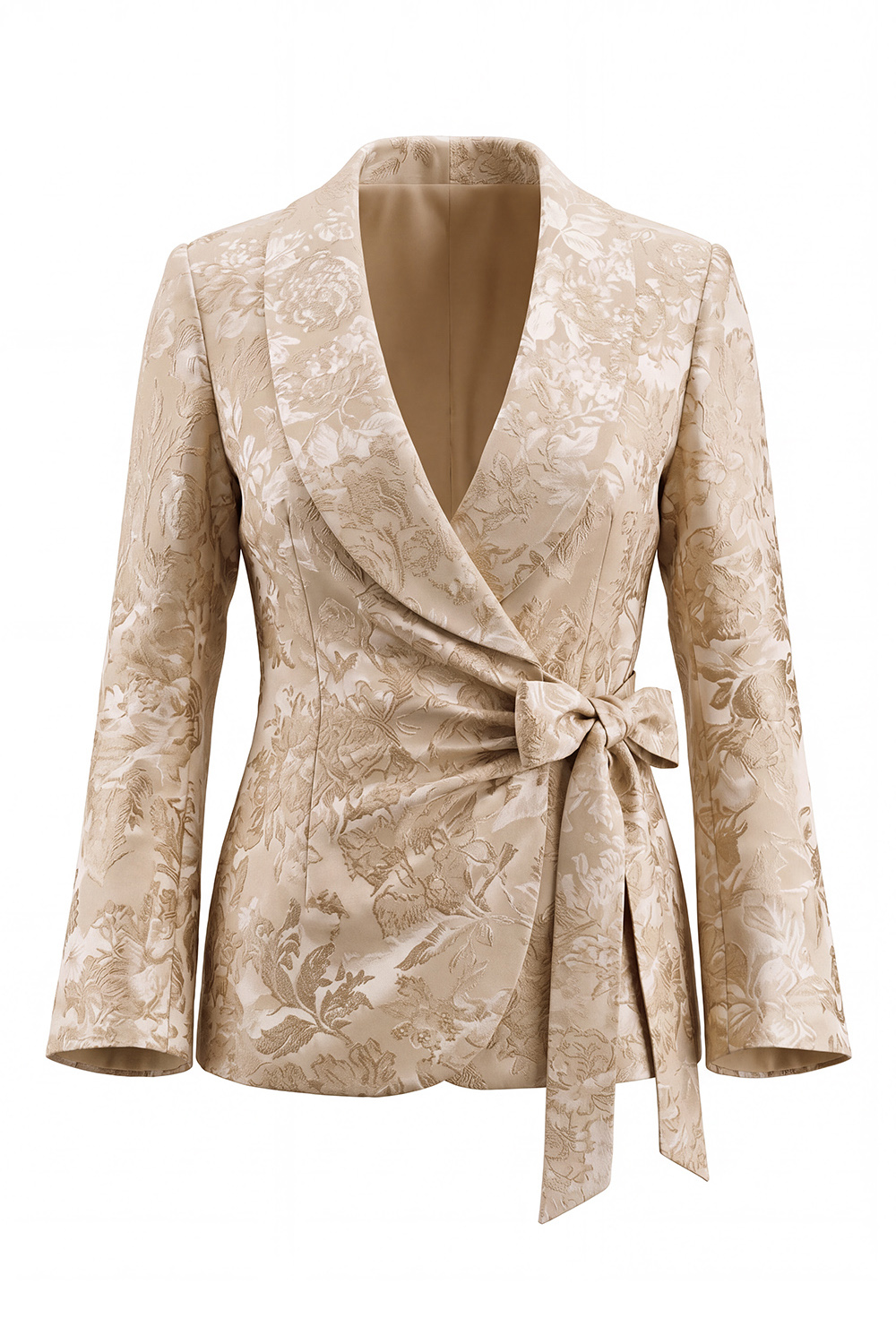 Shawl Lapel 2 Piece Floral Champagne Long Sleeve Party Suits with Bow