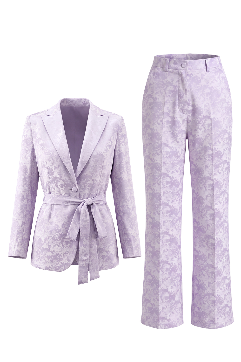 Lilac 2 Piece Floral Peak Lapel Wide Leg Business Suits with Sash