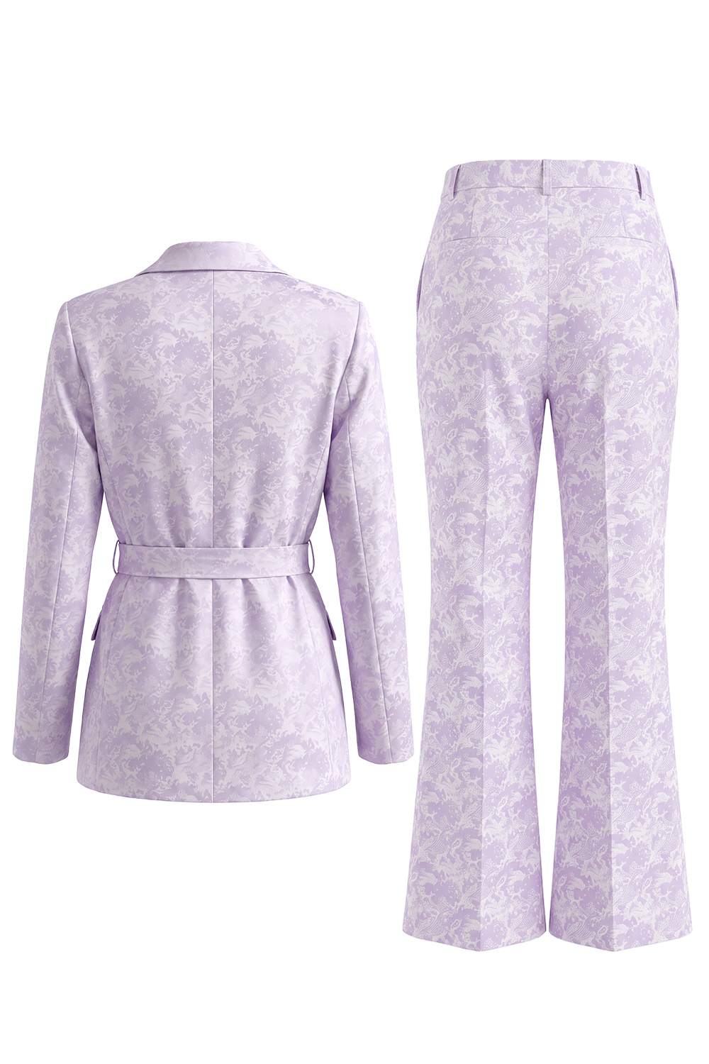 Lilac 2 Piece Floral Peak Lapel Wide Leg Business Suits with Sash