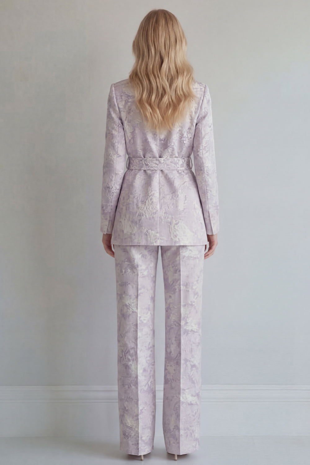 Lilac 2 Piece Floral Peak Lapel Wide Leg Business Suits with Sash