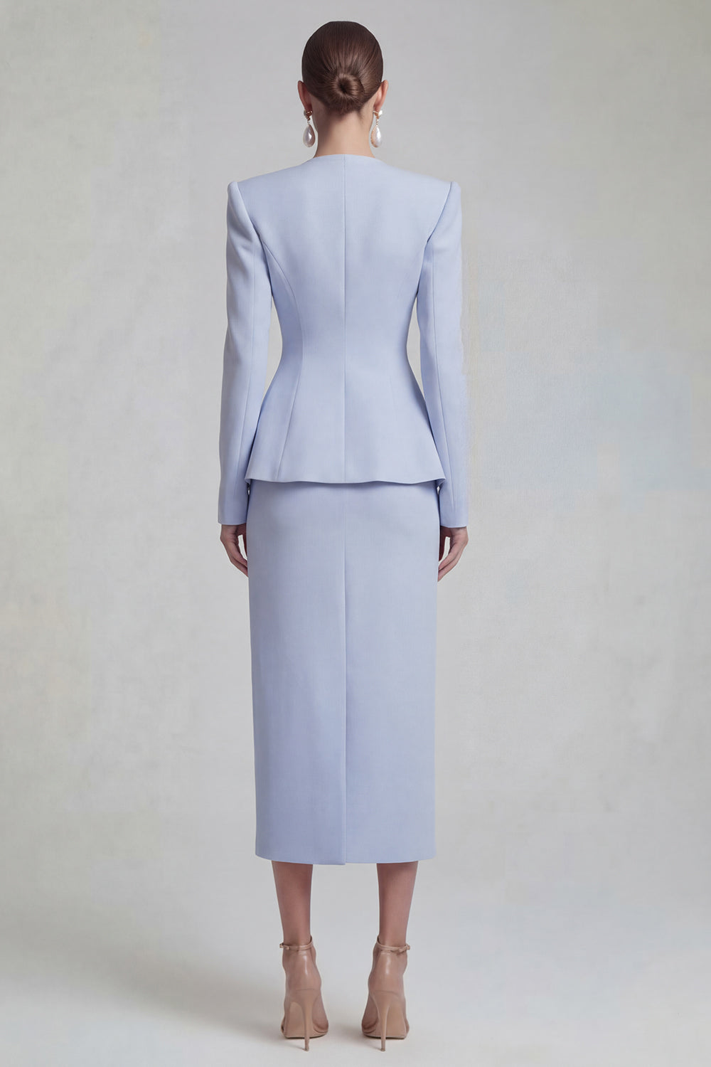 Blue 2 Piece Pencil Single Breasted Midi Business Suits with Slit