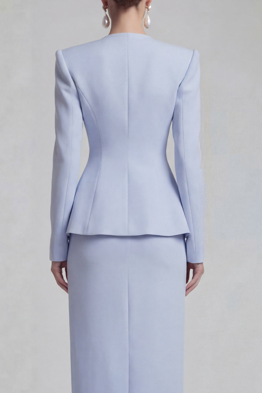 Blue 2 Piece Pencil Single Breasted Midi Business Suits with Slit