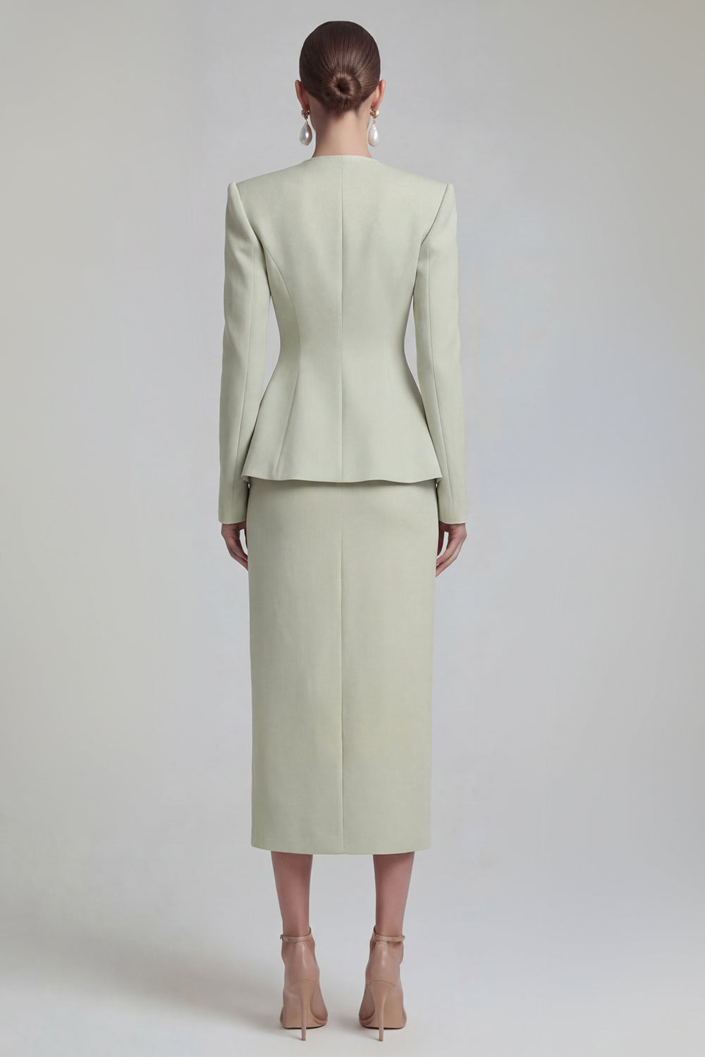 Blue 2 Piece Pencil Single Breasted Midi Business Suits with Slit