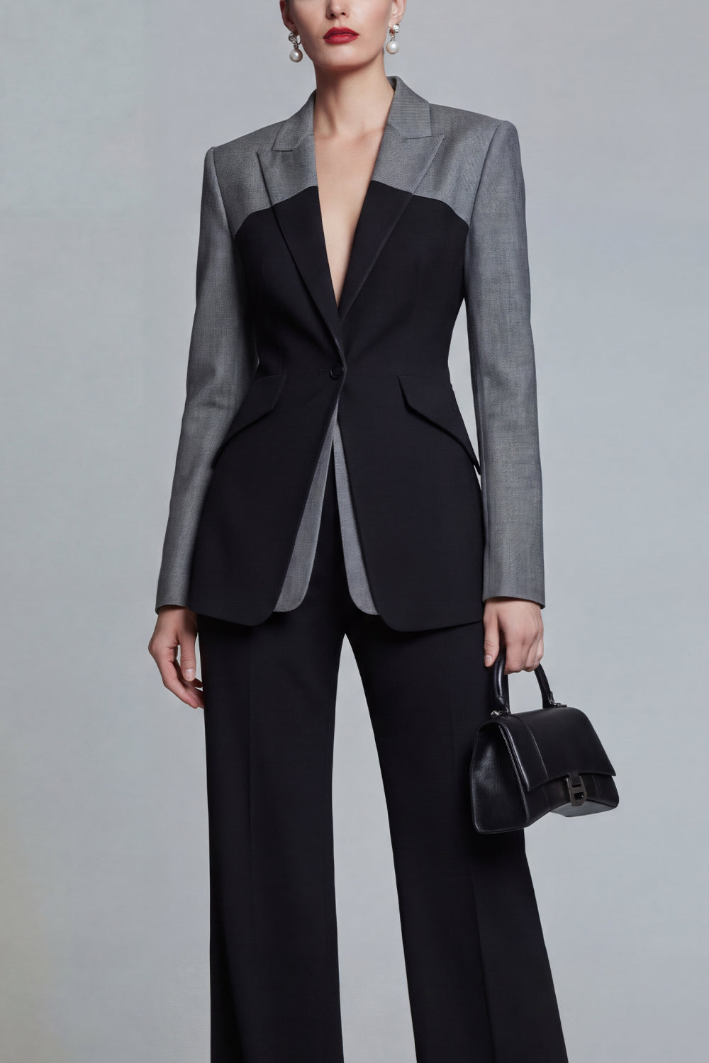 2 Piece Black Peak Lapel Pacthwork Slim Fit Business Suits with Sleeves