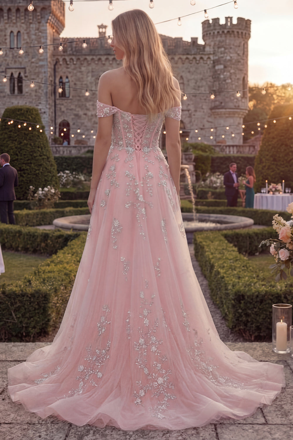 Sparkly Blue Corset A Line Off the Shoulder Floral Beaded Long Prom Dress