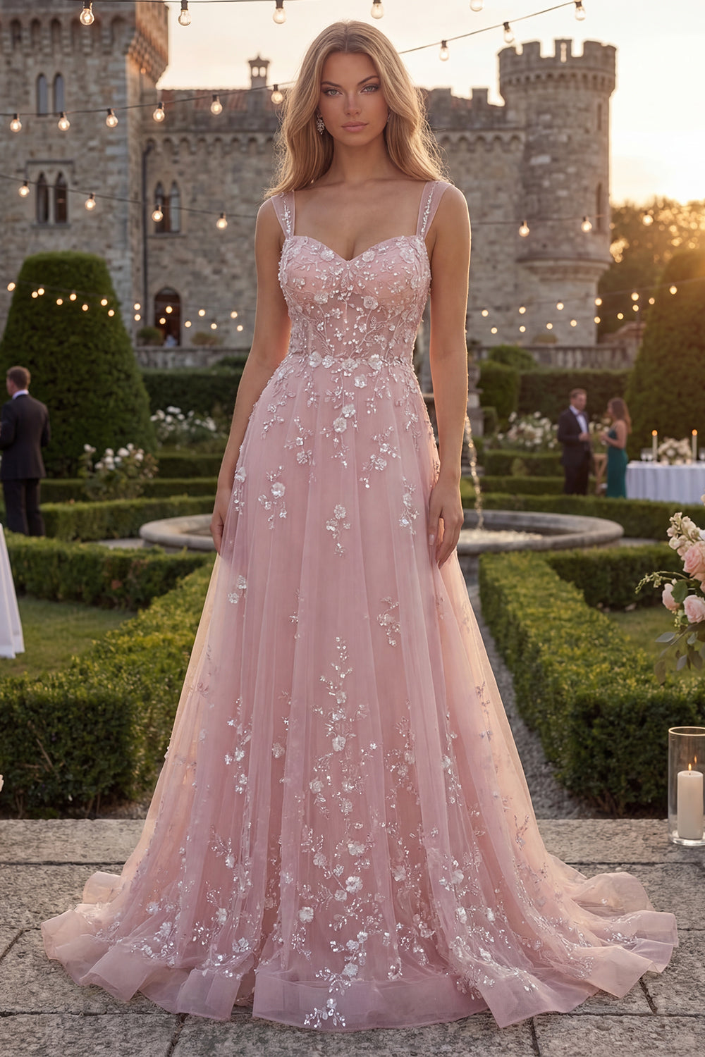 Sparkly Blue A Line Thick Straps Floral Beaded Long Prom Dress