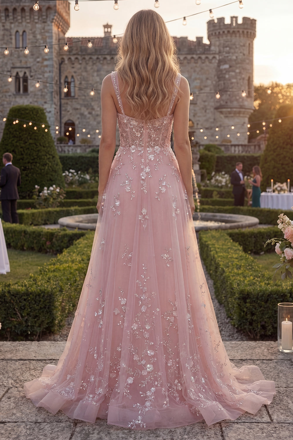 Sparkly Blue A Line Thick Straps Floral Beaded Long Prom Dress