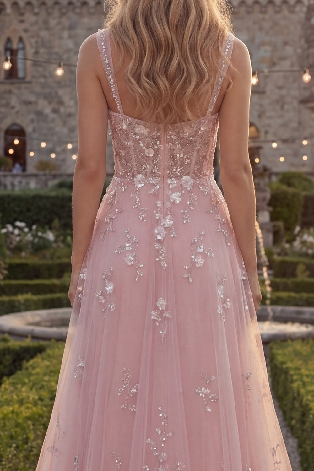 Sparkly Blue A Line Thick Straps Floral Beaded Long Prom Dress