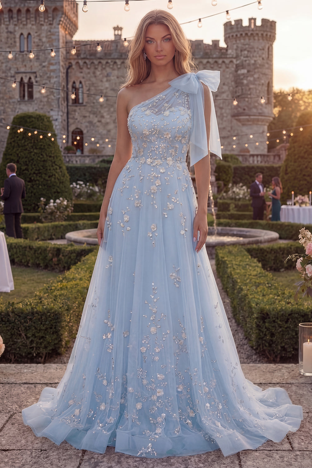 Sparkly Floral Blue Beaded A Line Long Prom Dress with Bow