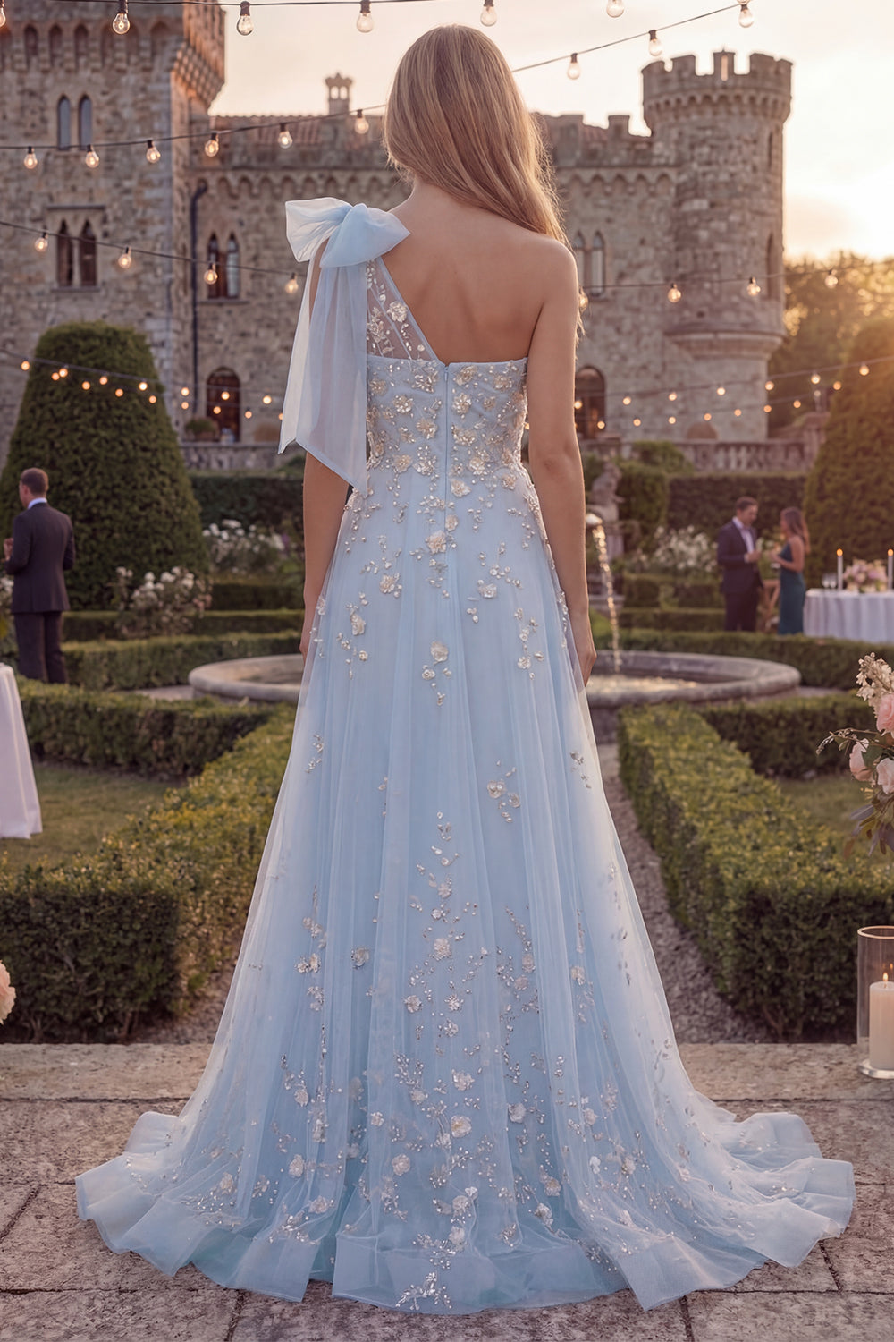 Sparkly Floral Blue Beaded A Line Long Prom Dress with Bow