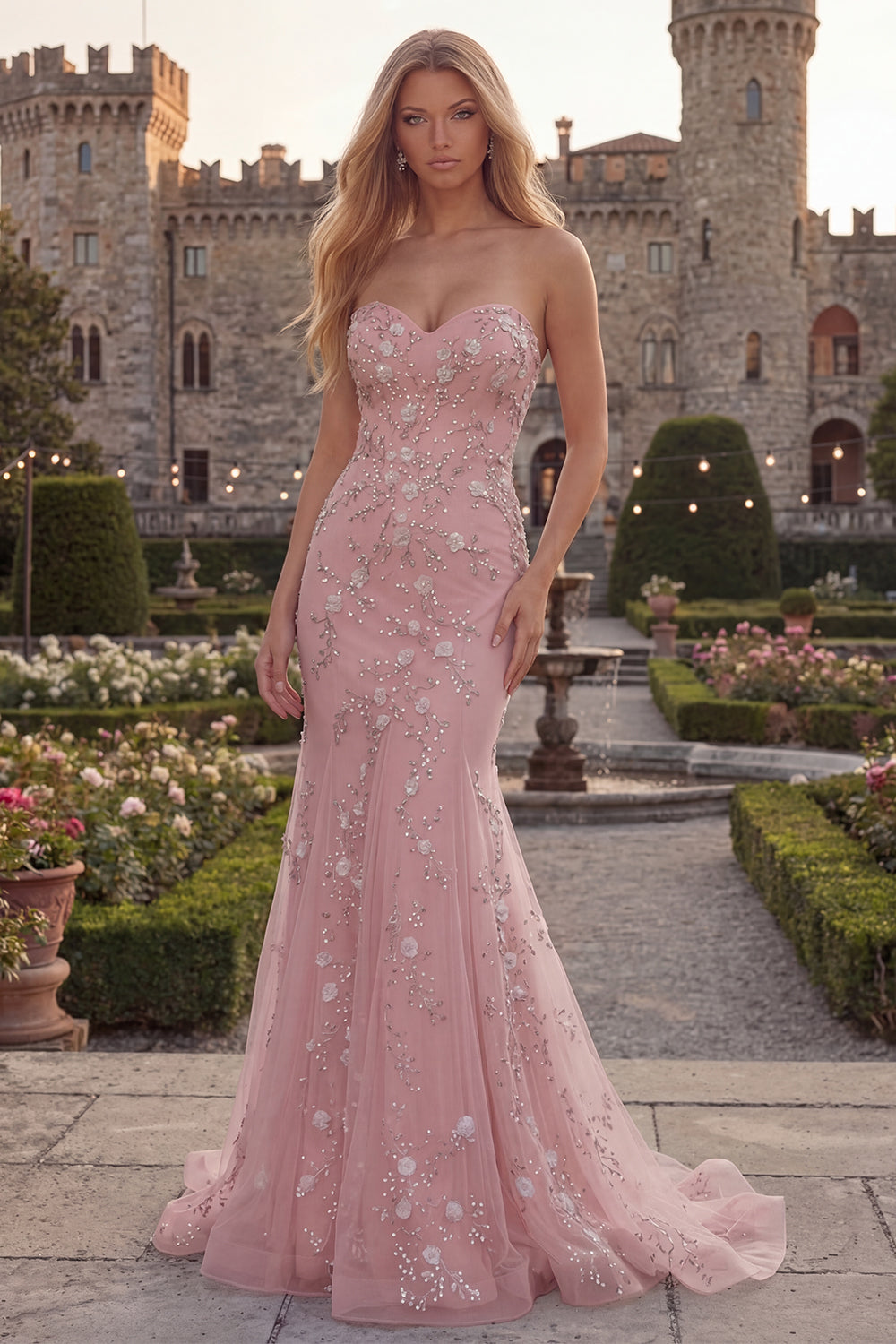 Sparkly Mermaid Blue Floral Beaded Strapless Long Prom Dress