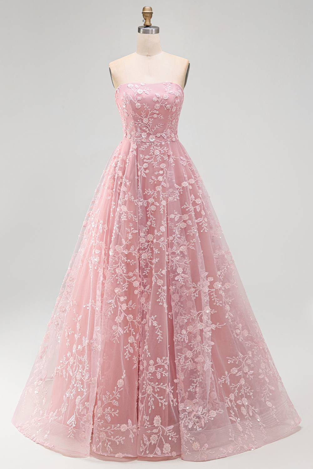 Sparkly Blue Strapless Floral A Line Long Beaded Prom Dress