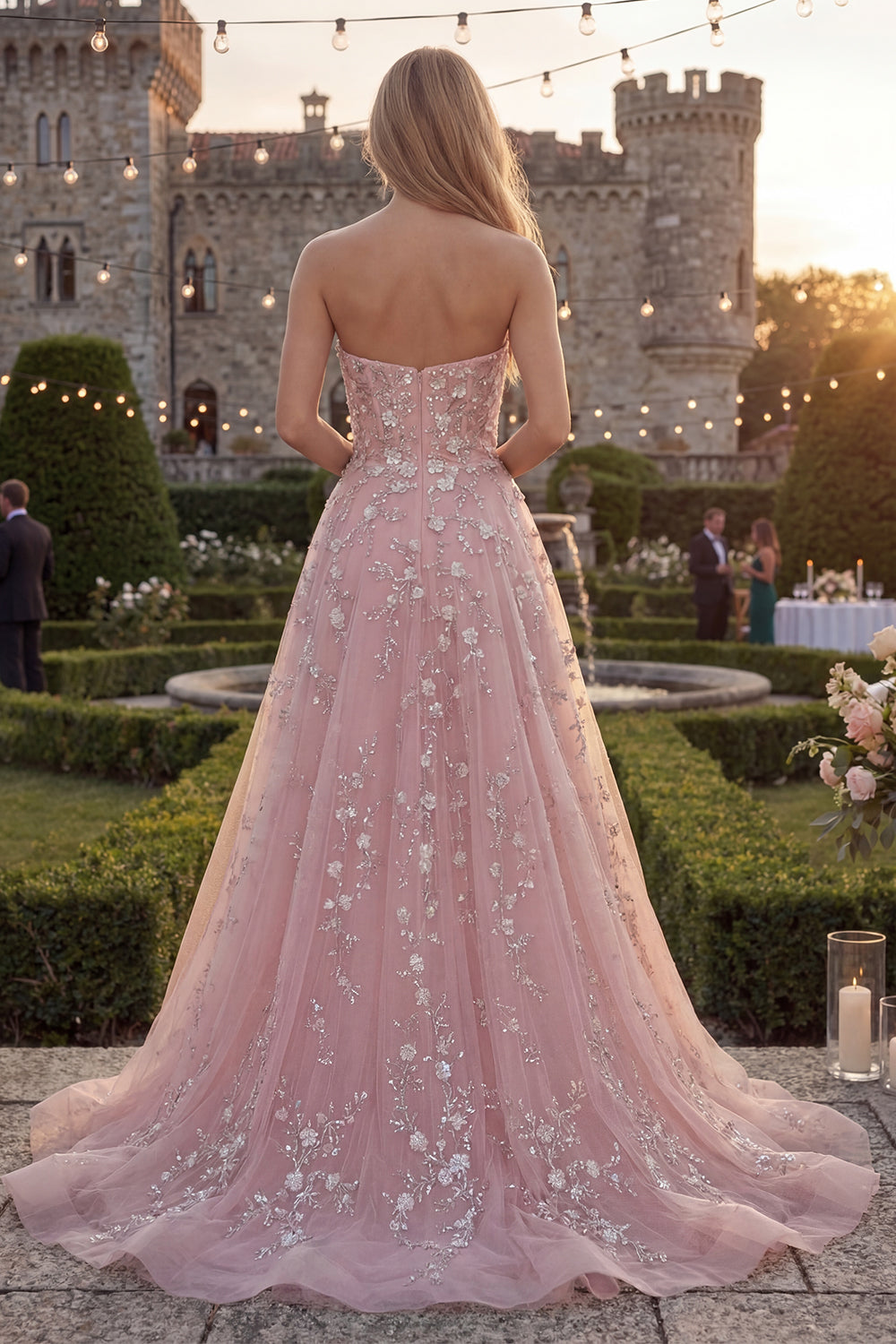 Sparkly Blue Strapless Floral A Line Long Beaded Prom Dress