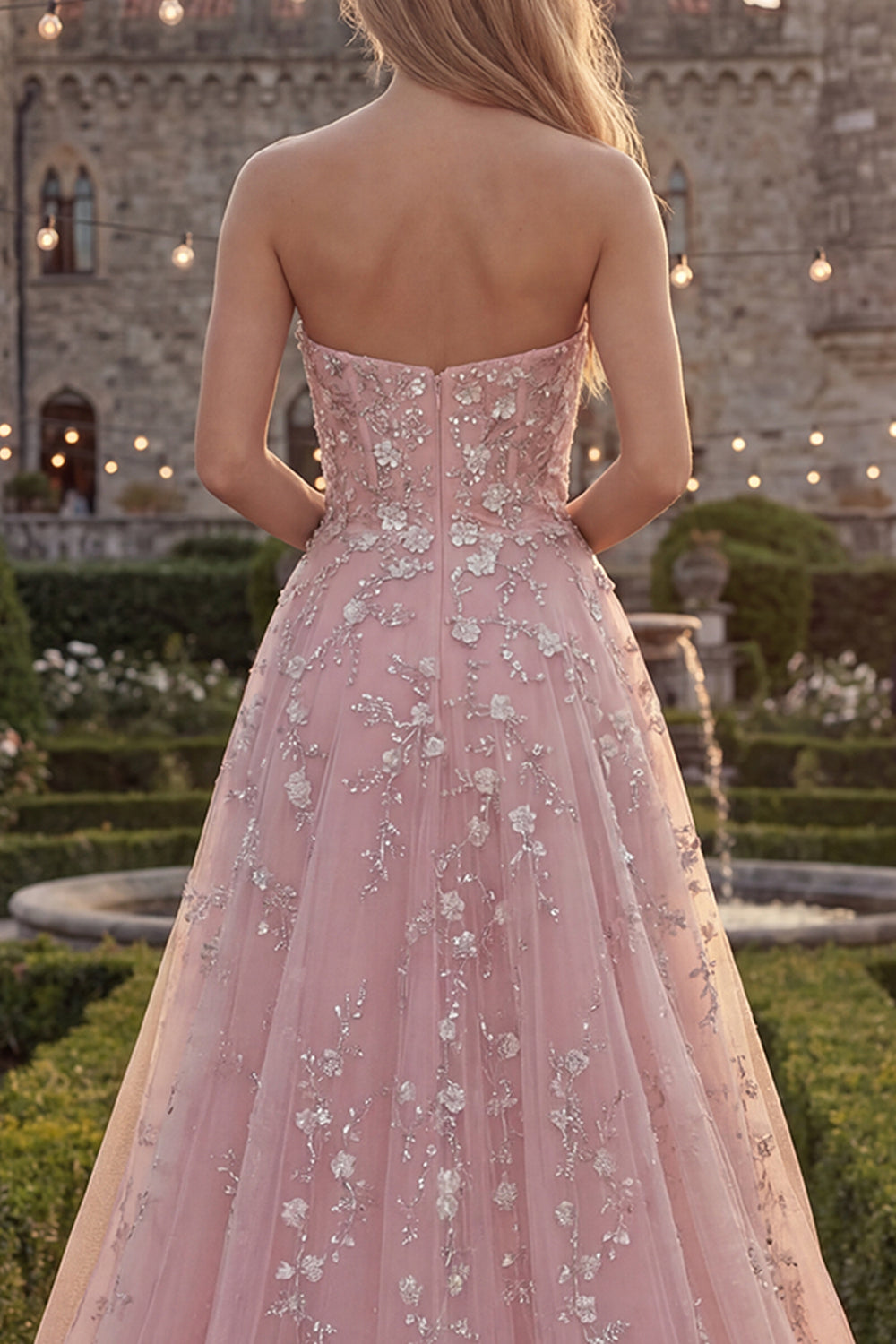 Sparkly Blue Strapless Floral A Line Long Beaded Prom Dress