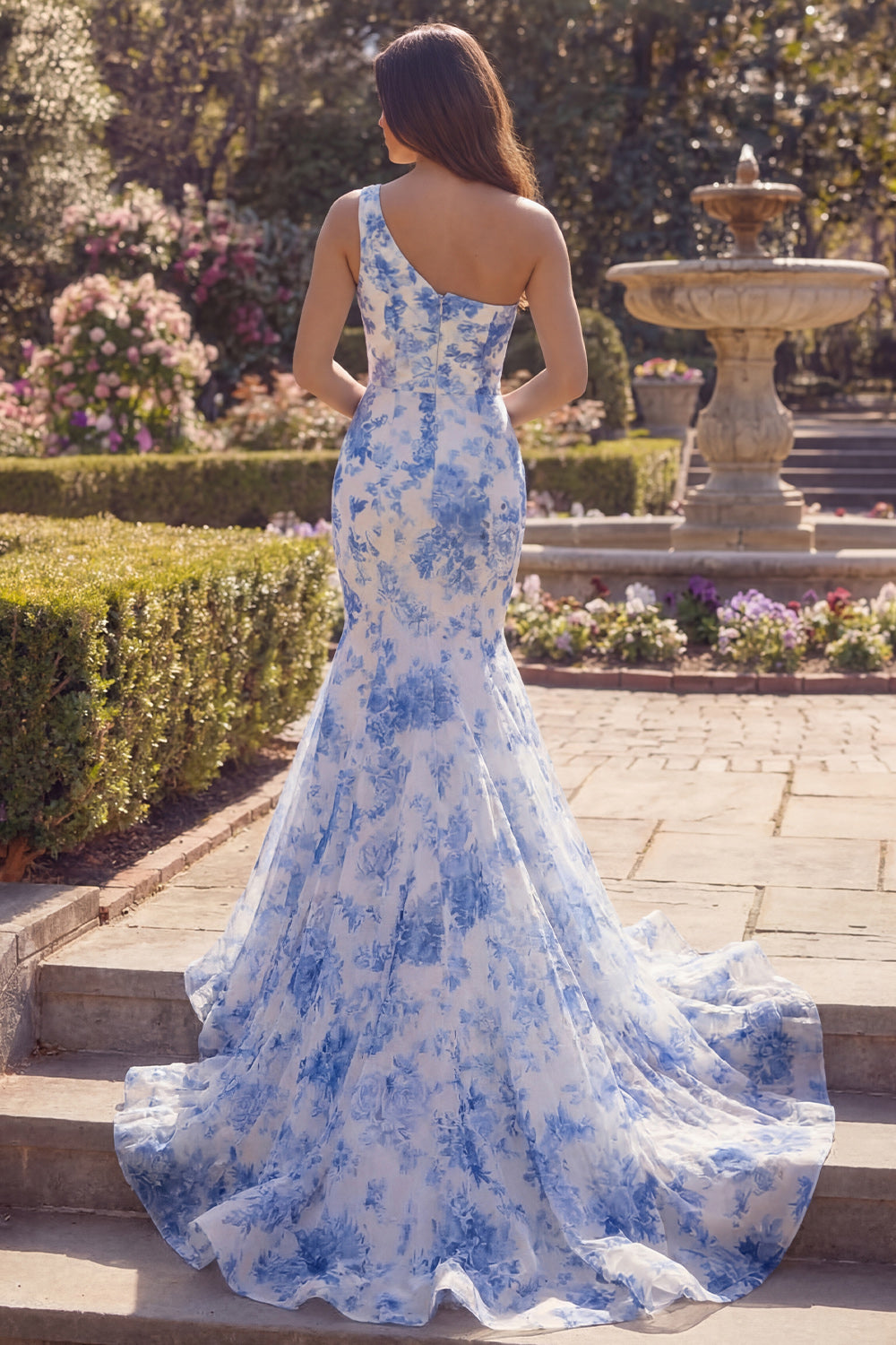 White Blue Flower One Shoulder Mermaid Long Prom Dress