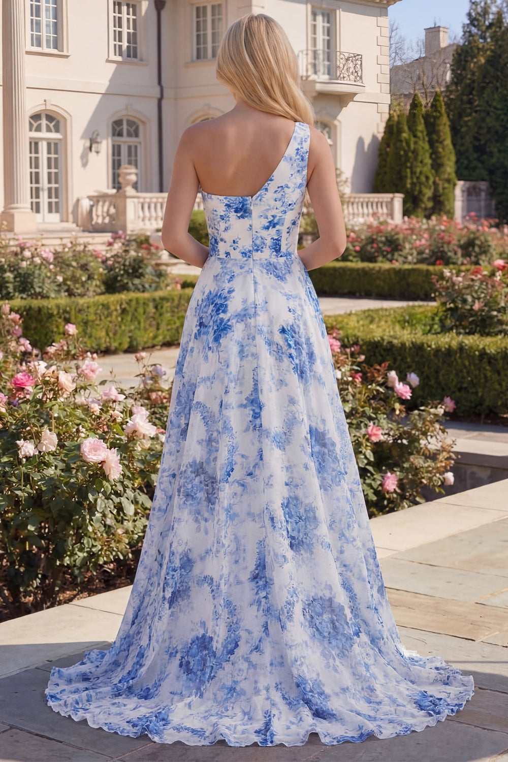 White Blue Flower One Shoulder A Line Long Prom Dress with Slit