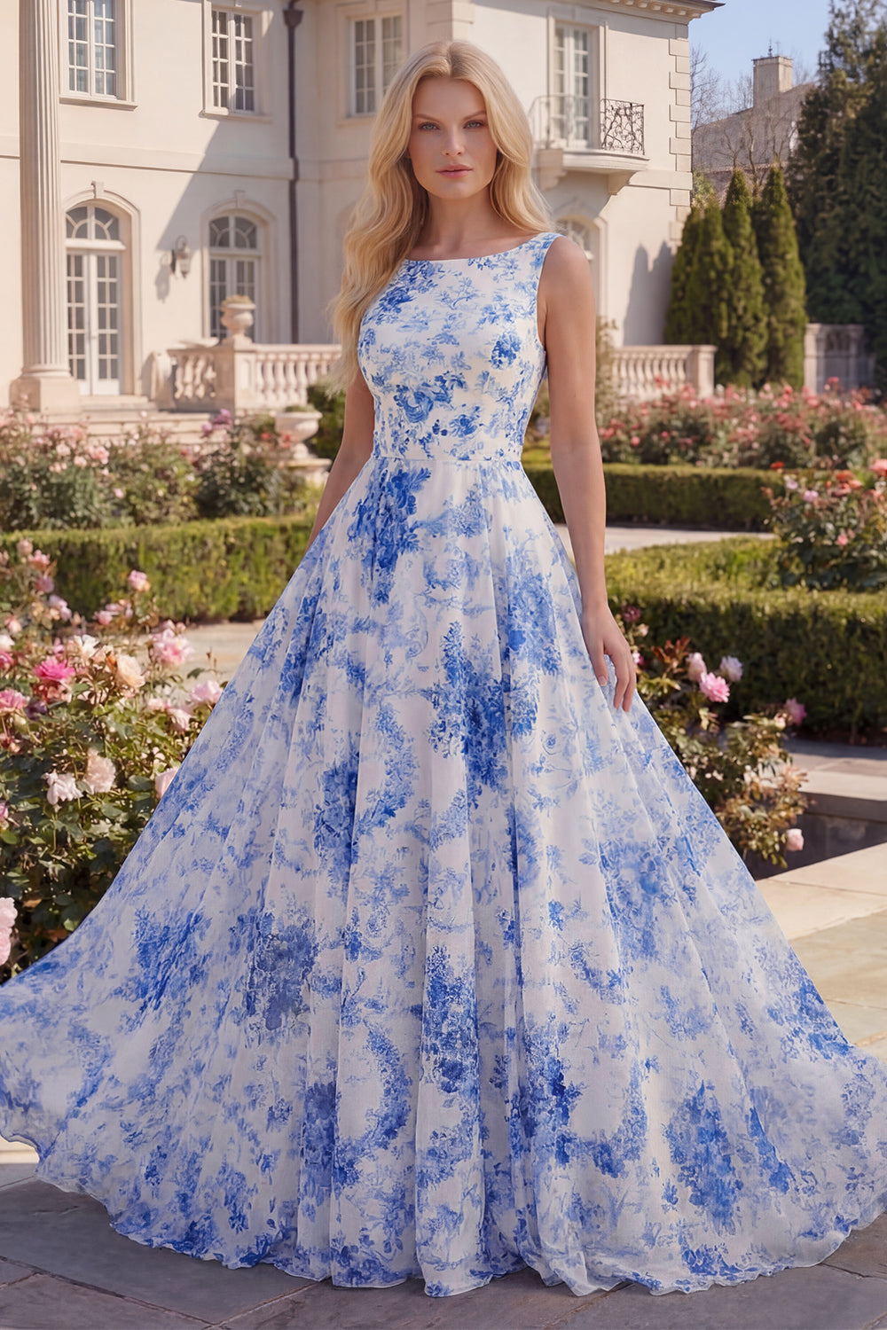 A Line White Blue Flower Boat Neck Long Prom Dress