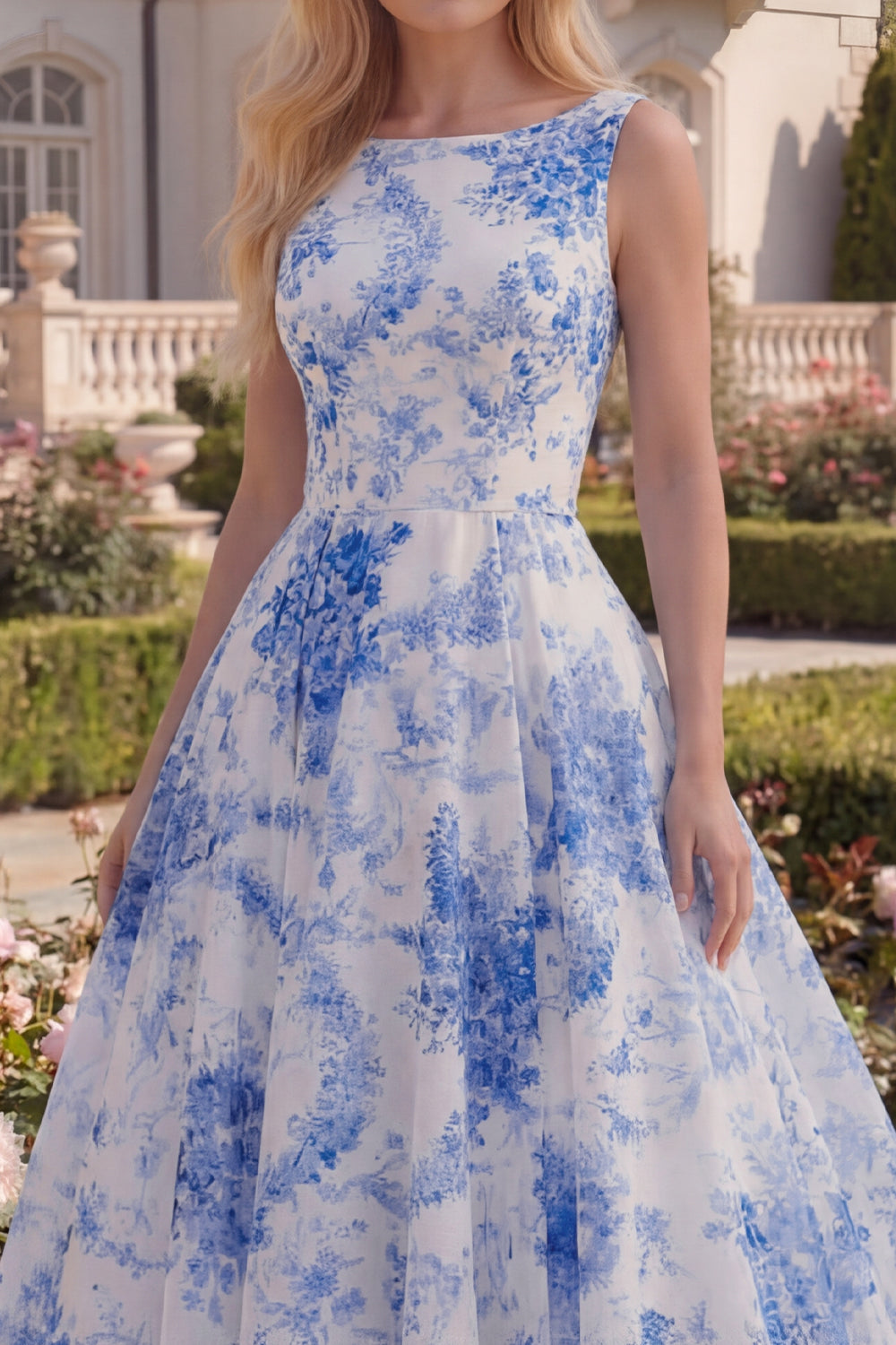 A Line White Blue Flower Boat Neck Long Prom Dress