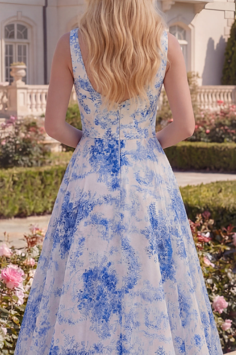 A Line White Blue Flower Boat Neck Long Prom Dress