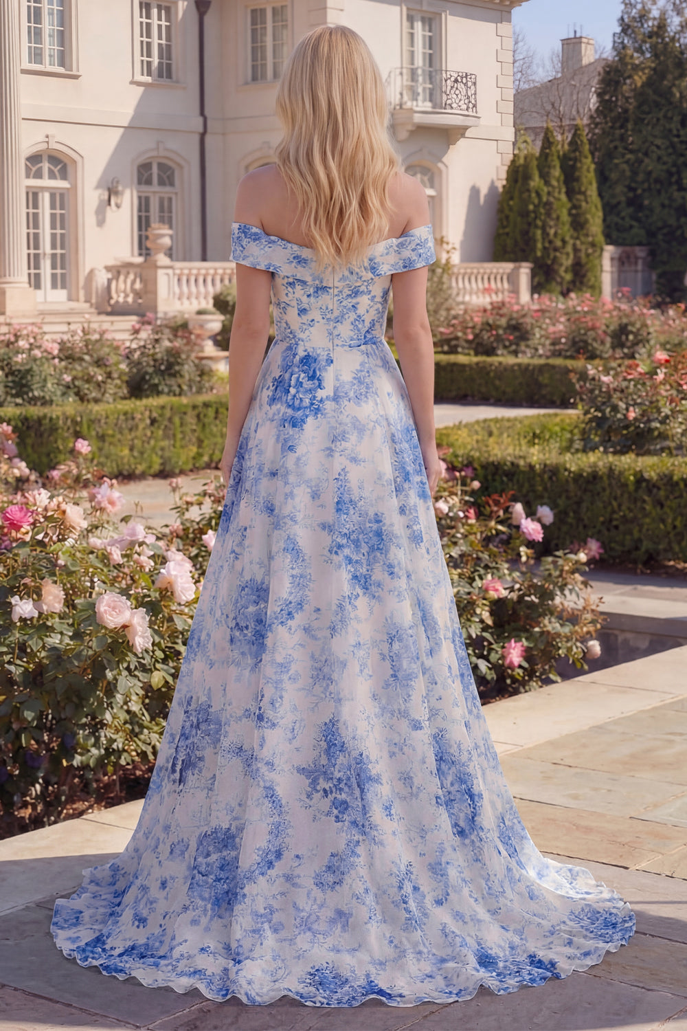 White Blue A Line Floral Off the Shoulder Long Prom Dress