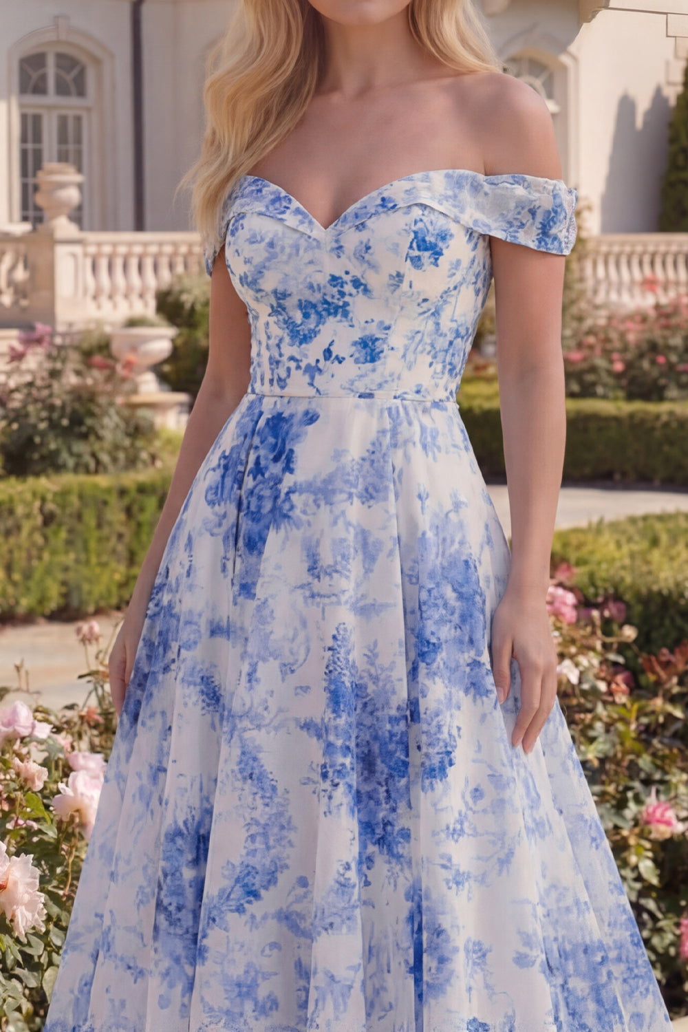 White Blue A Line Floral Off the Shoulder Long Prom Dress