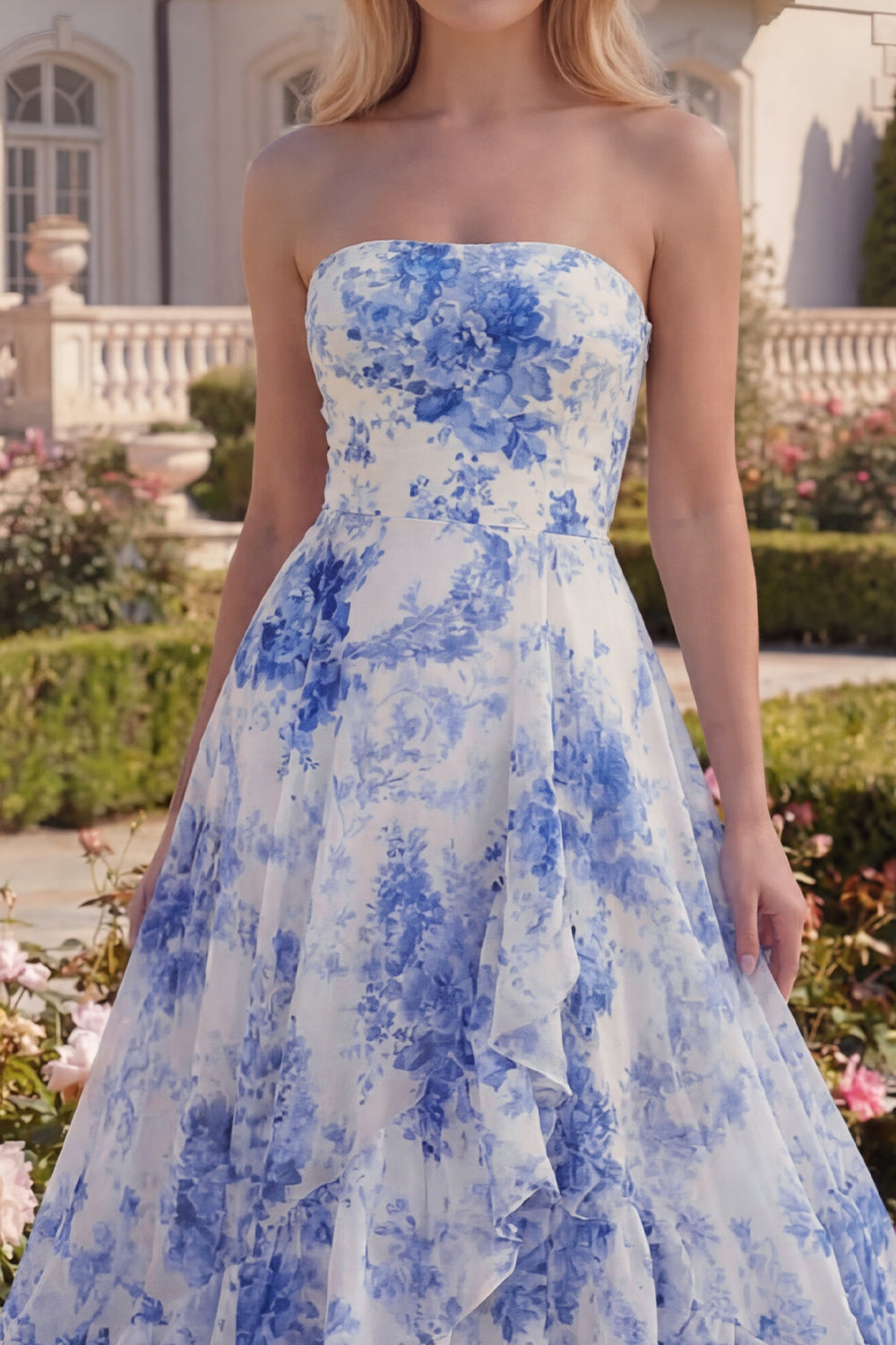 White Blue Flower Ruffled Strapless A Line Long Prom Dress