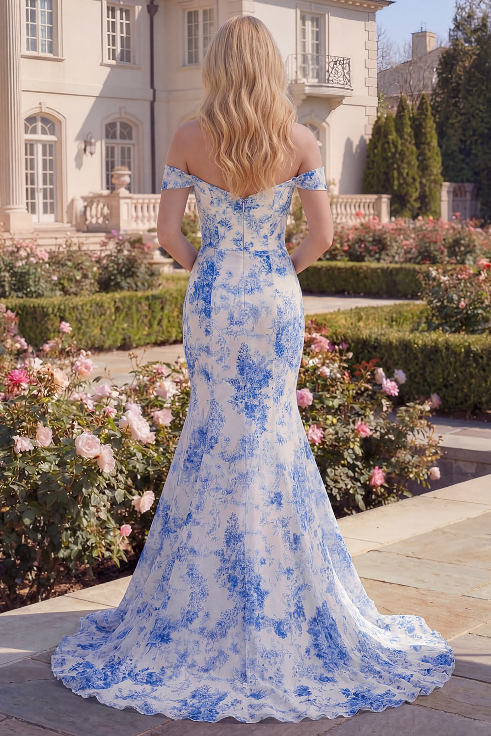 White Blue Flower Off the Shoulder Mermaid Maxi Prom Dress