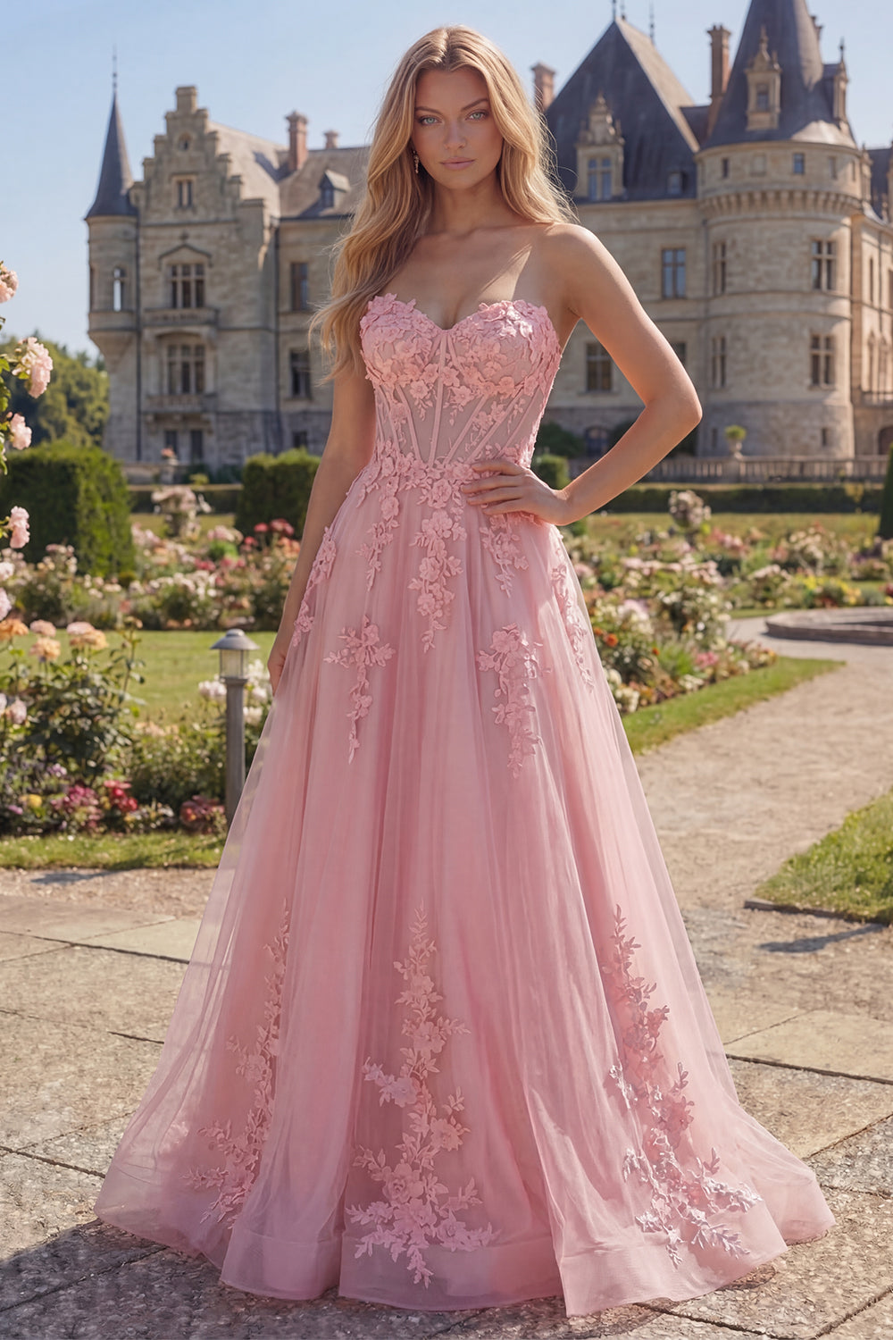 Pink A Line Strapless Tulle Floral Corset Long Prom Dress