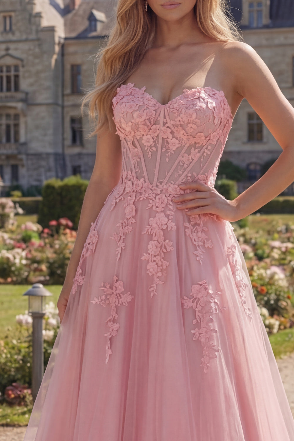 Pink A Line Strapless Tulle Floral Corset Long Prom Dress