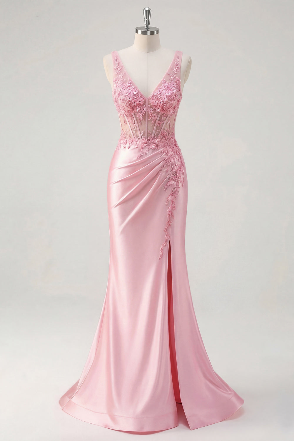 Pink Floral V Neck Mermaid Corset Ruched Long Prom Dress with Slit
