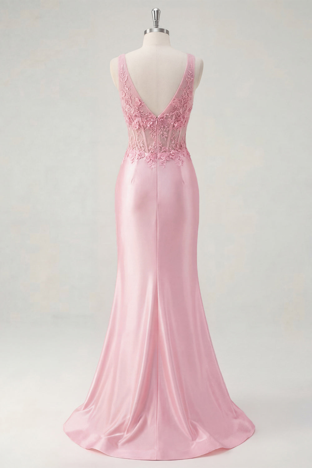Pink Floral V Neck Mermaid Corset Ruched Long Prom Dress with Slit