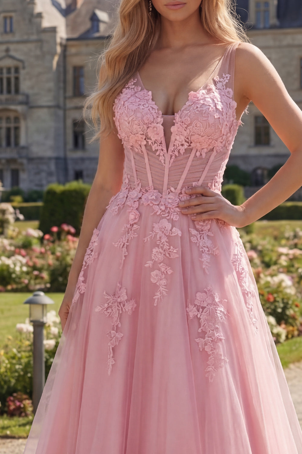 Floral Pink Corset V Neck A Line Maxi Prom Dress