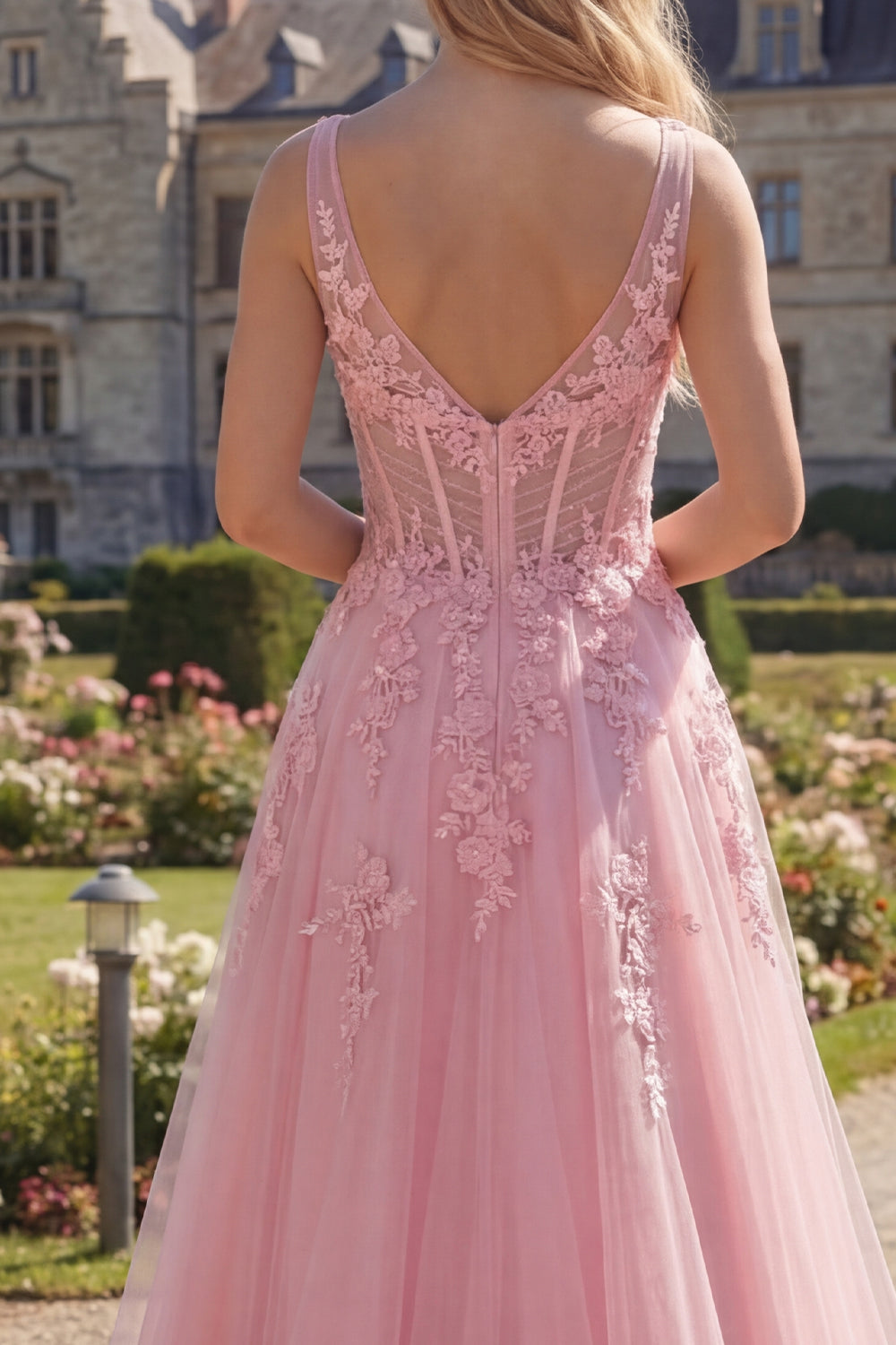 Floral Pink Corset V Neck A Line Maxi Prom Dress