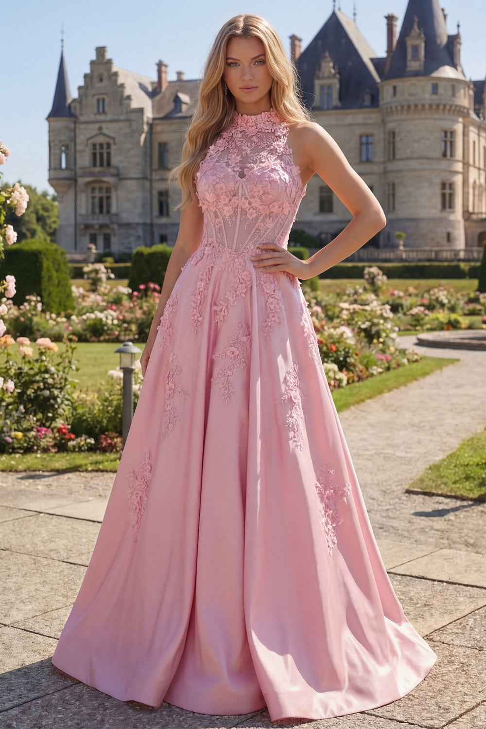 Pink A Line Floral Corset High Neck Maxi Prom Dress with Bow
