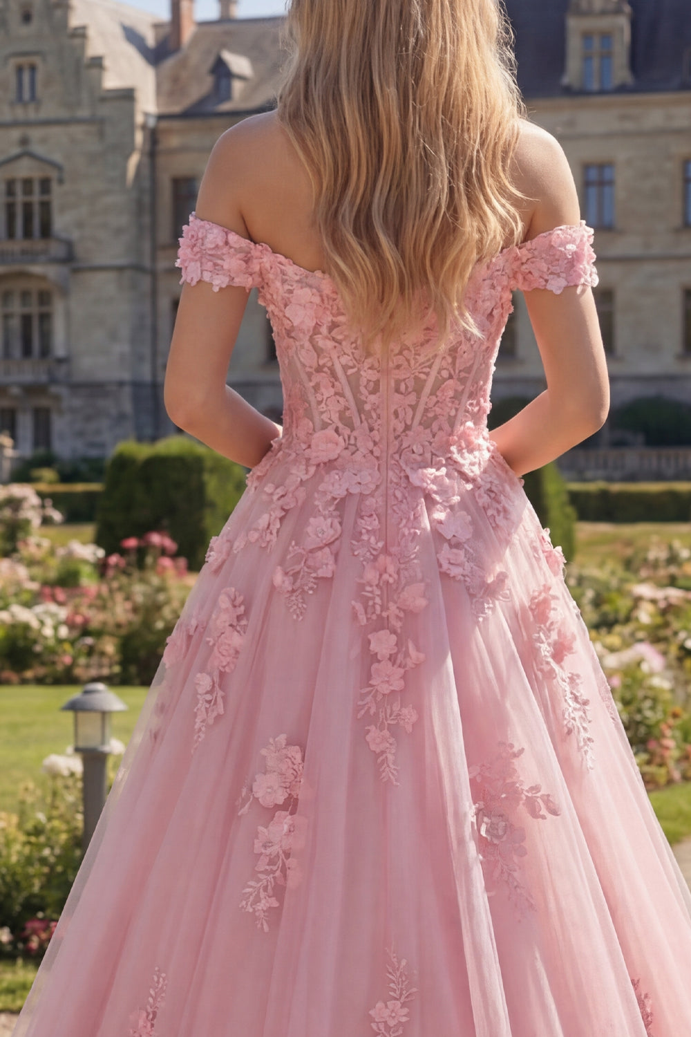 Floral Pink Off the Shoulder A Line Corset Maxi Prom Dress