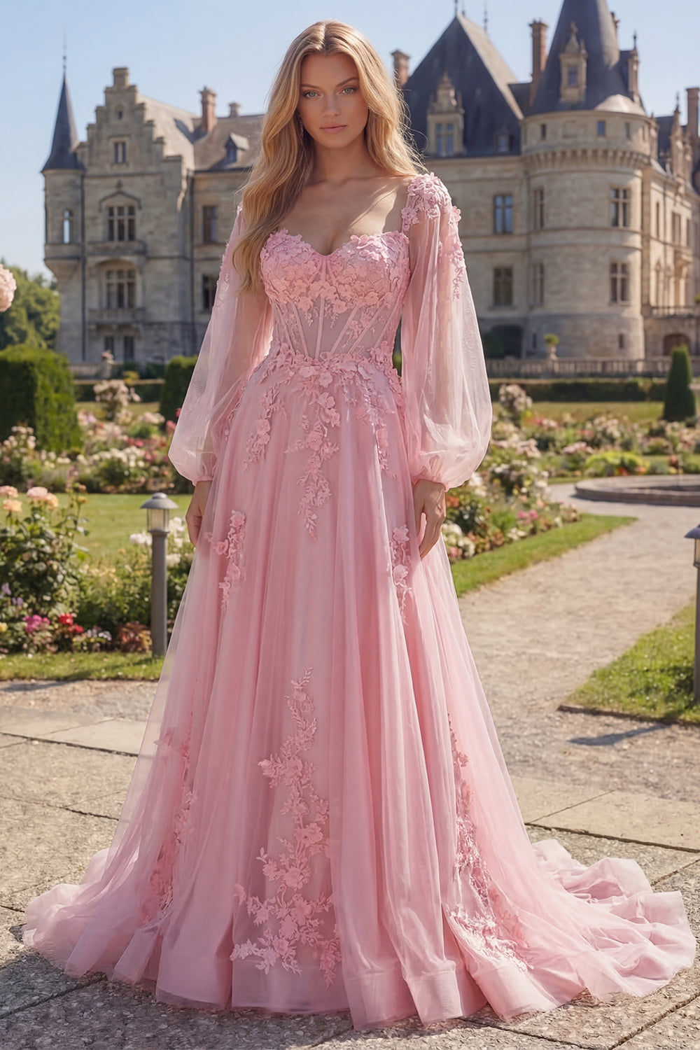 Pink A Line Tulle Floral Corset Long Sleeves Prom Dress