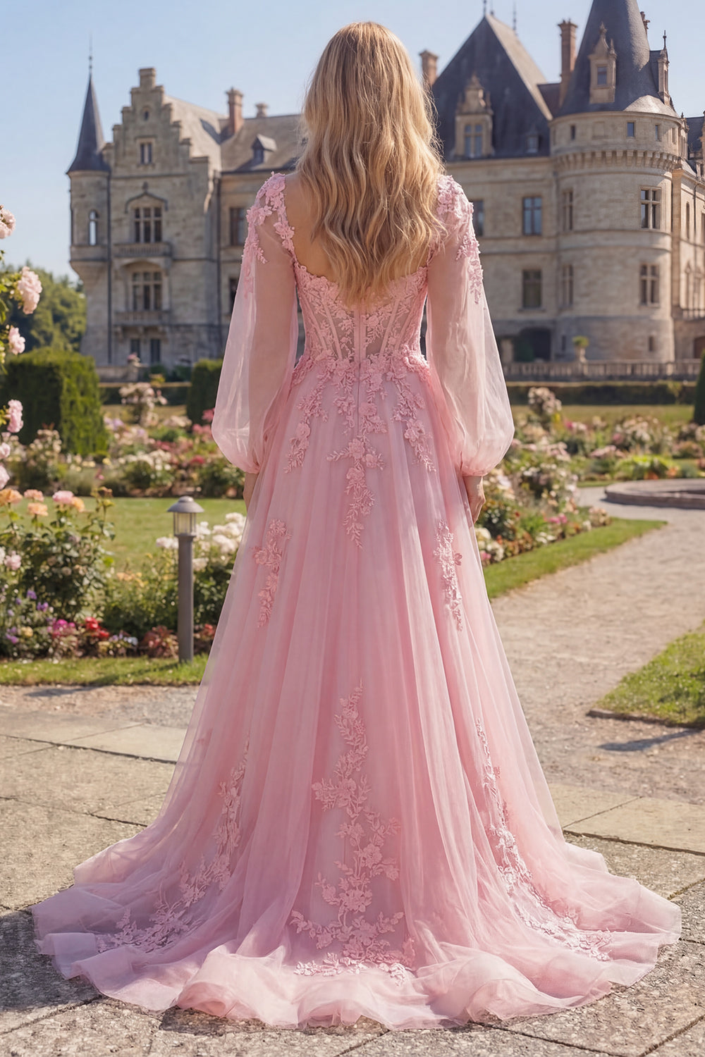 Pink A Line Tulle Floral Corset Long Sleeves Prom Dress