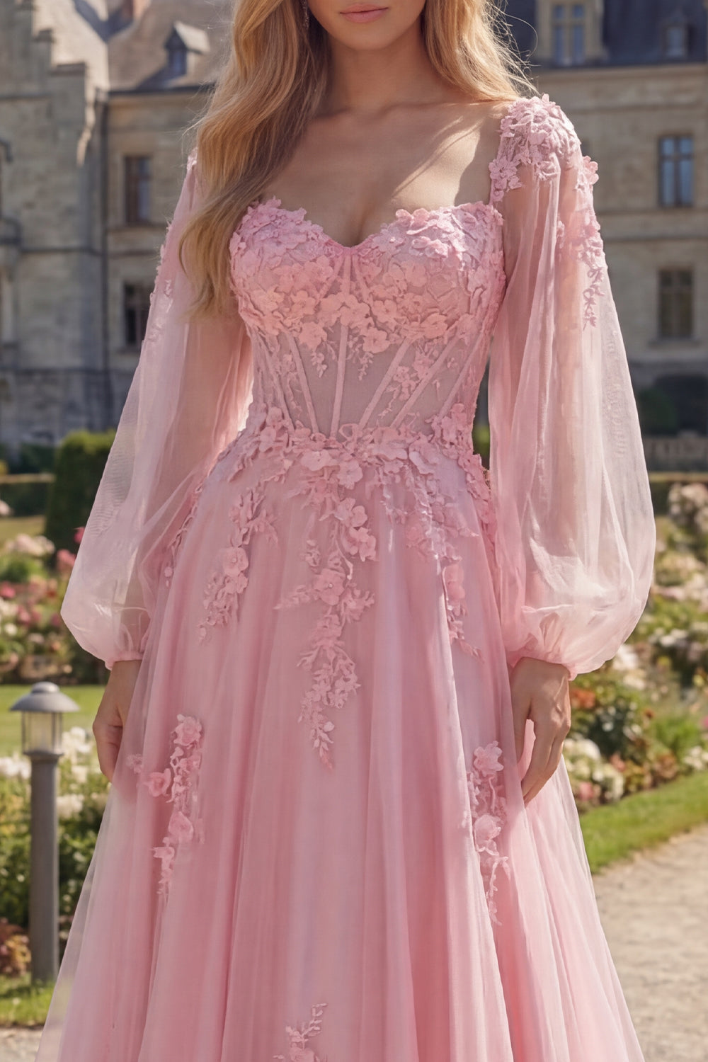 Pink A Line Tulle Floral Corset Long Sleeves Prom Dress
