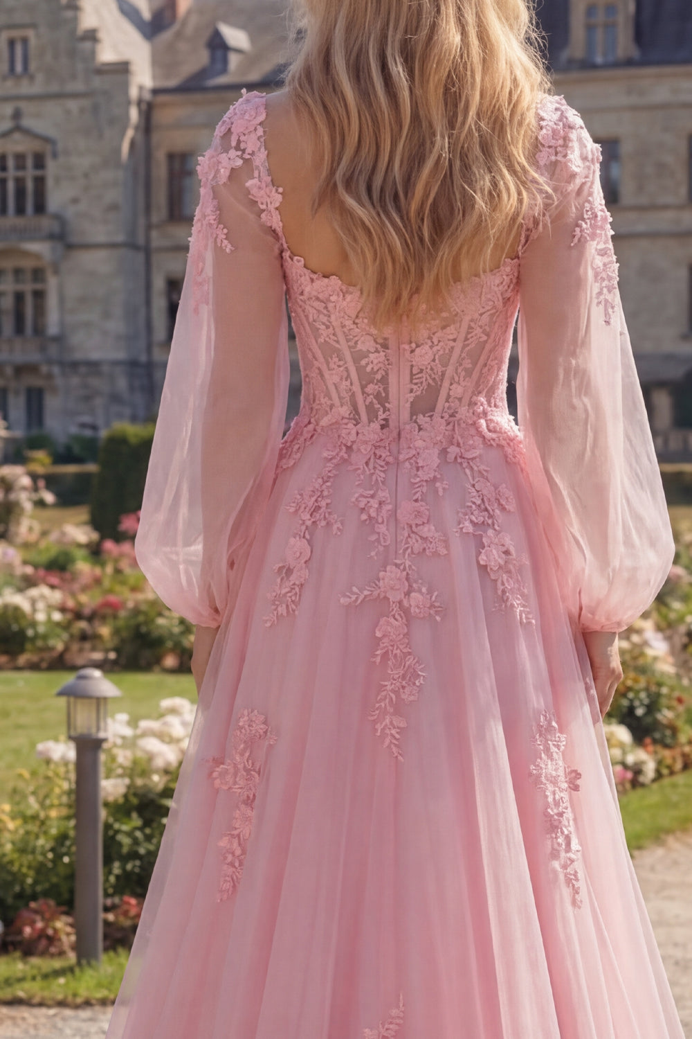 Pink A Line Tulle Floral Corset Long Sleeves Prom Dress