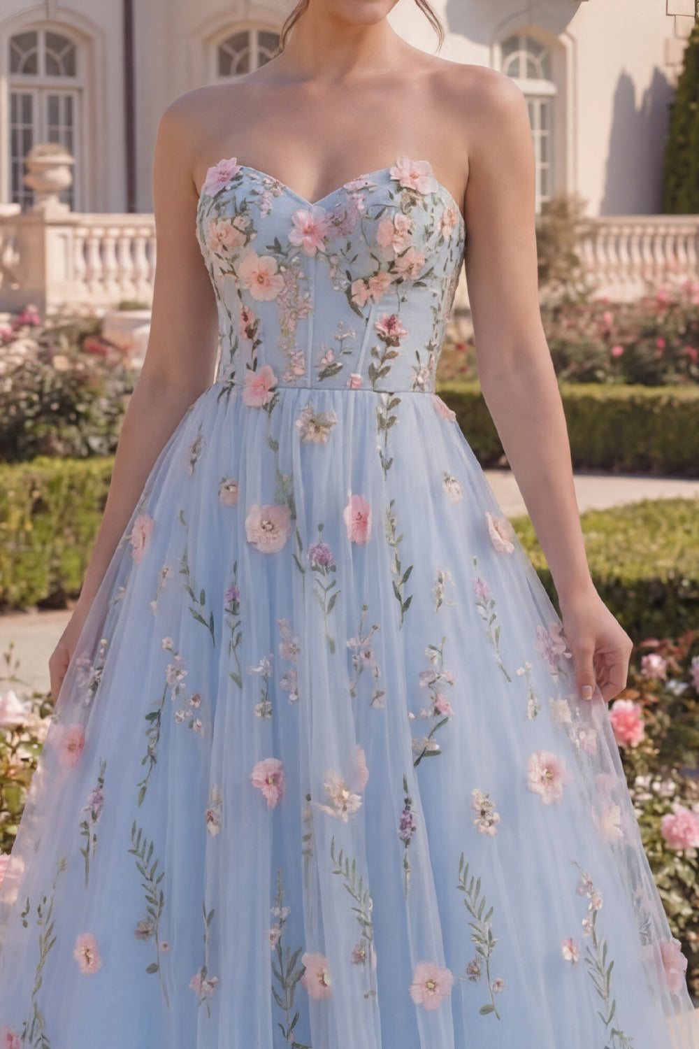 A Line Floral Blue Sweetheart Corset Maxi Prom Dress